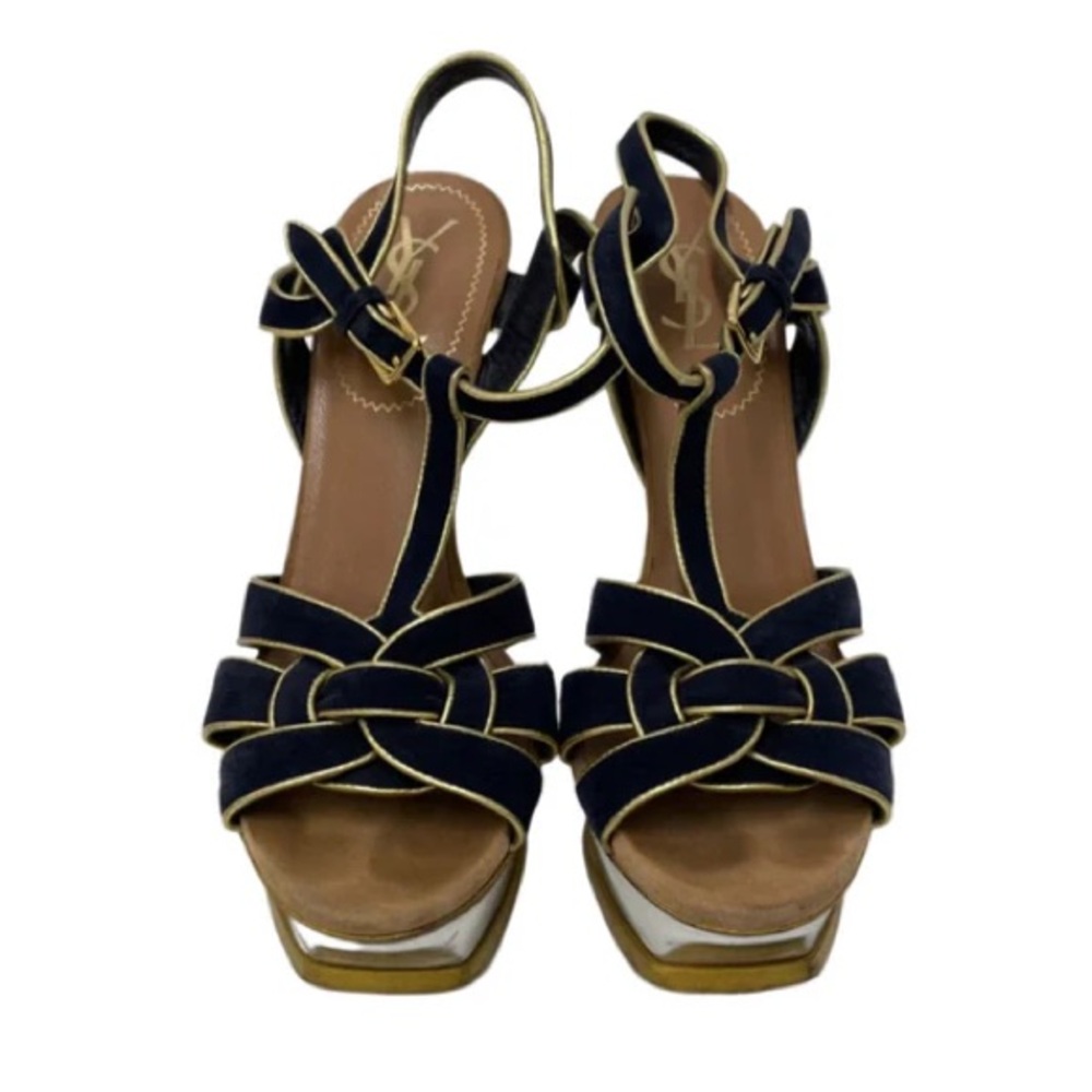YSL Saint Laurent Tribute Suede Black Gold Multi Color Print Platform Sandals